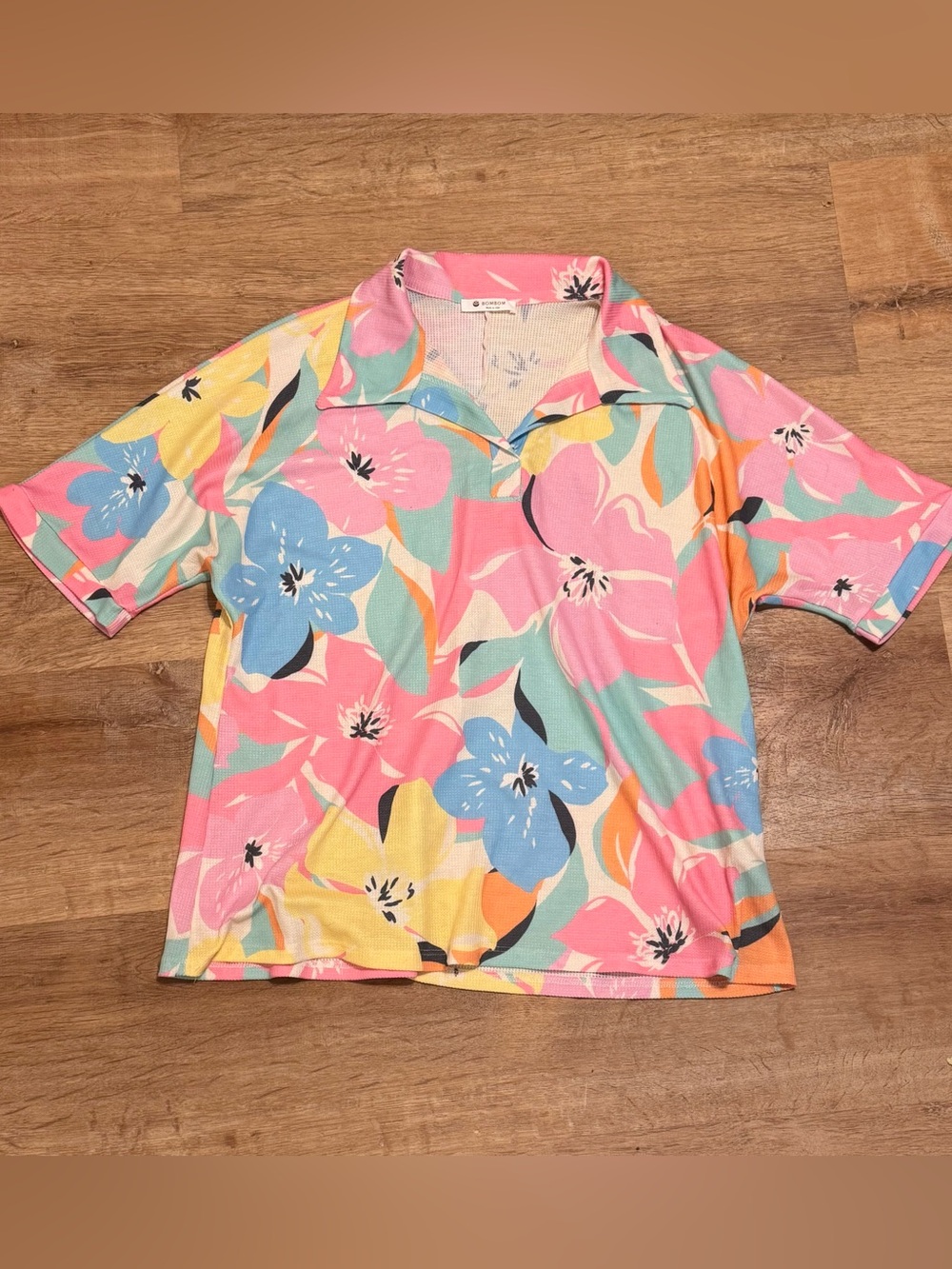 BomBom Floral Collared Polo Shirt Medium | Pastel Cottagecore Coquette
